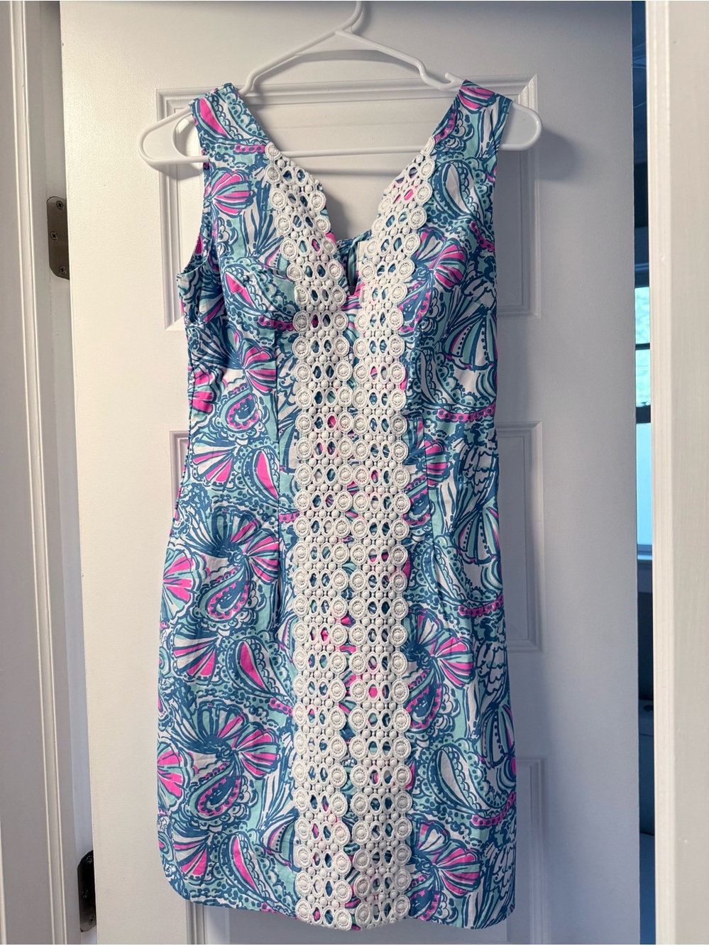 Lilly Pulitzer Blue & Pink Floral Shift Dress with White Crochet Panel